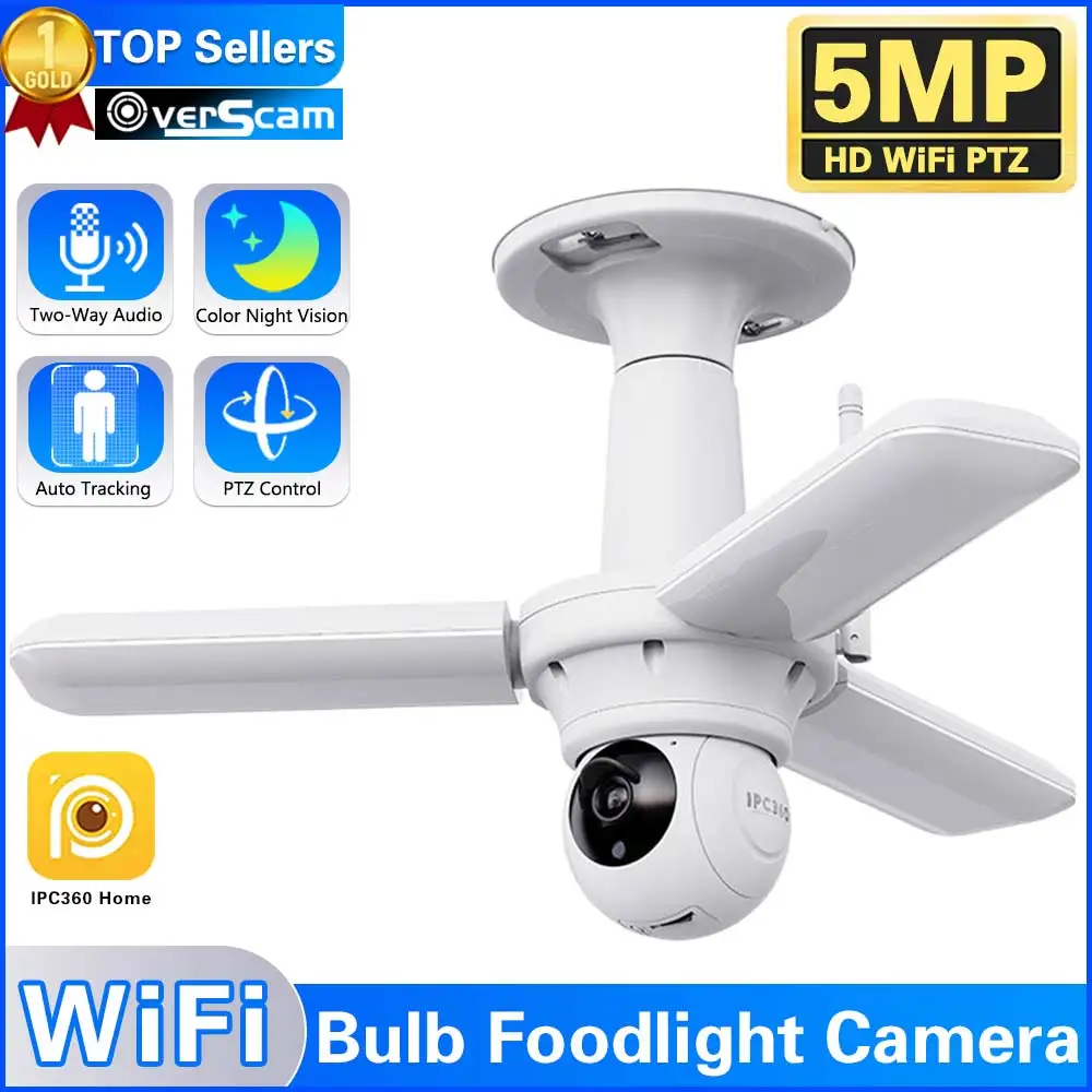 

Smart 5MP WIFI Security Camera E27 Bulb Floodlight 2K HD Video Wireless Surveillance IP Cameras Wi-Fi PTZ Home CCTV Night Vision