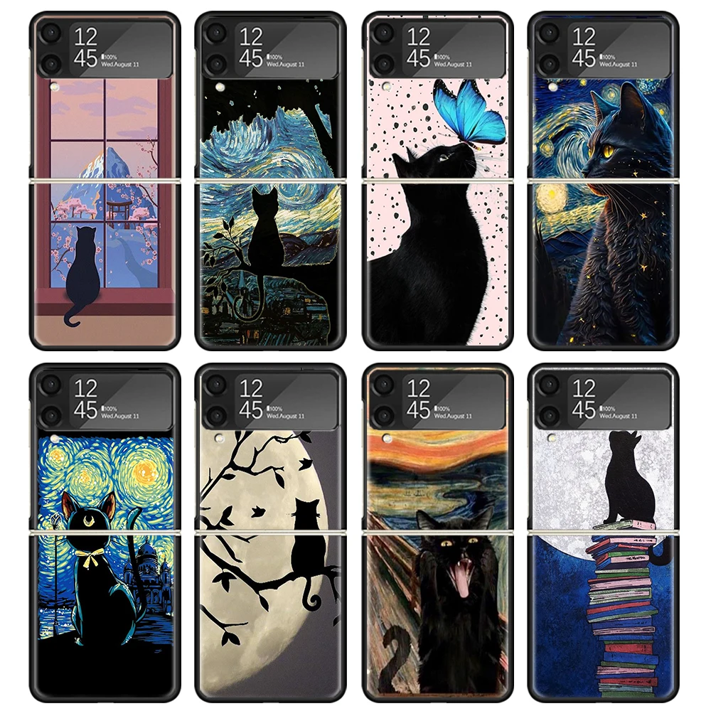 Black Cat Cartoon Cute Case For Samsung Galaxy Z Flip 4 5 3 z Flip5 Flip4 5G Hard Phone Cover Flip3 Split Folding Black Plastic