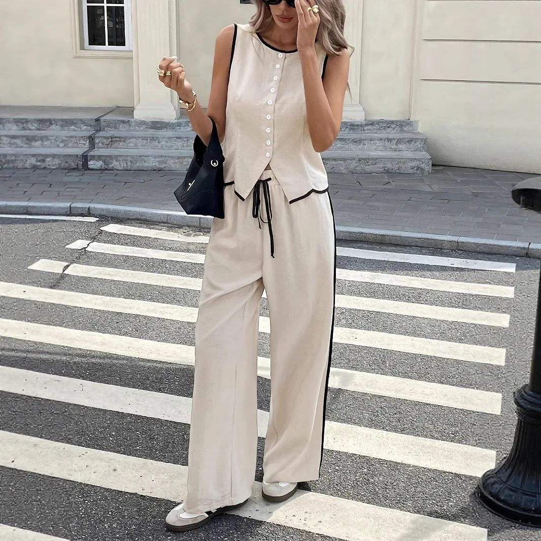 2026 Summer Women's Contrast Color Sleeveless Single-breasted Vest and Drawstring Pants Set