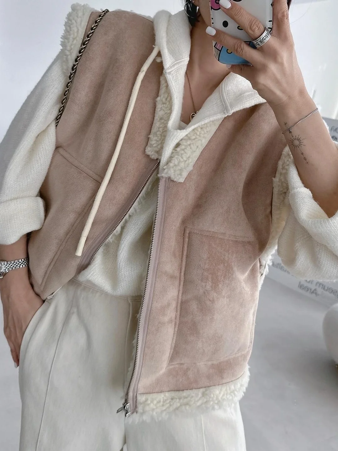 Women's Lamb Fur Vest ort Jaet Svel Two-Way Wear Cotton Coat with kets Autumn Winter New Sle Commute Sle