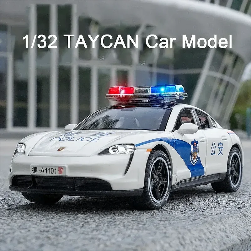 Modèle de voiture de police Taycan en alliage métallique, moulé sous pression, véhicules jouets, son, lumière, nervure arrière, cadeaux pour enfants, 1/32