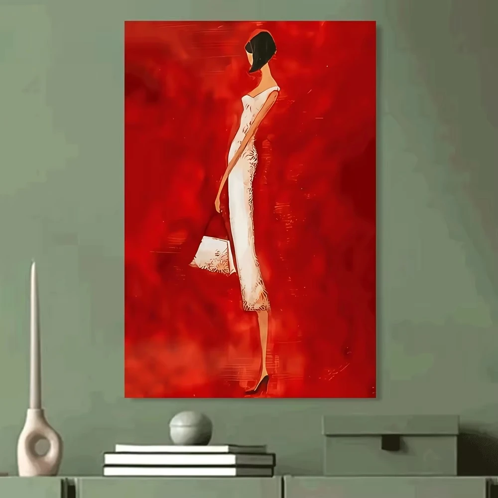 Modern Abstract Woman in White Dress Poster Prints Canvas Painting Vibrant Red Wall Art Picture for Living Room Home Decor Gift