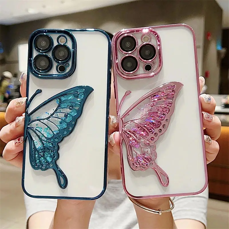 Luxury Plating Clear Glitter Quicksand Butterfly Case For iPhone 11 12 13 14 15 16 Pro Max Soft Silicone Shockproof Bumper Cover