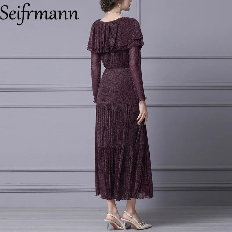 فستان Seifrmann متوسط الطول فاخر من الألماس المتلألئ بطبقات عالية الخصر على شكل حرف a لخريف 2025 منتج جديد