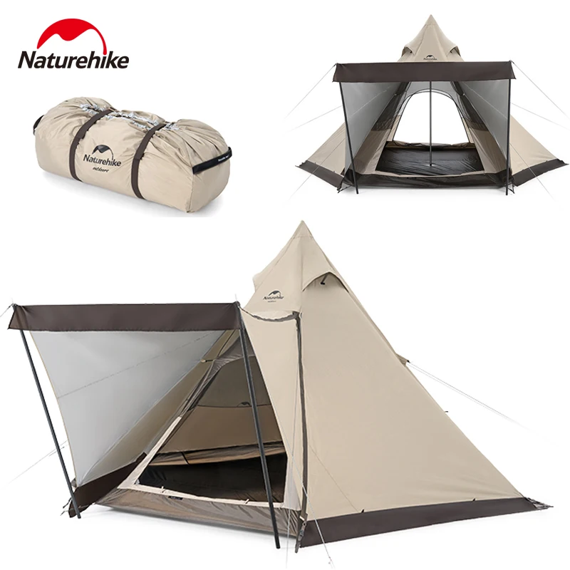 Naturehike RANCH Pyramid Camping Hexagonal Tent Waterproof Teepee Tipi Tent Family Travel Portable Outdoor 4 Season 3-4 Person