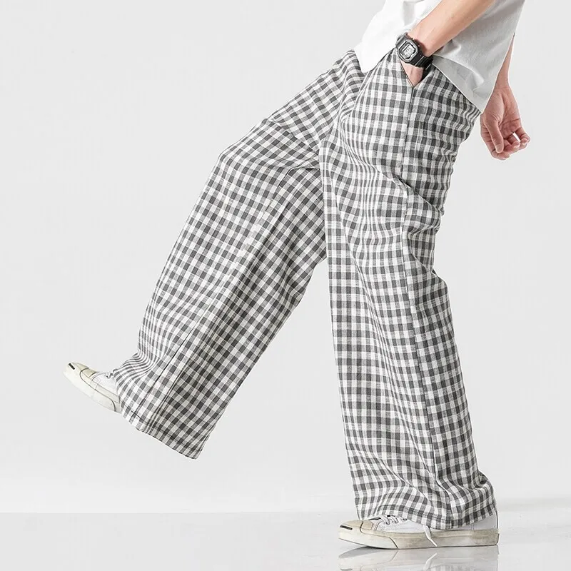 

New Summer Pants Men Retro Japanese Style Plaid Loose Cotton Linen Straight Pants Men's Large Size Casual Leg Wide Leg Trousers