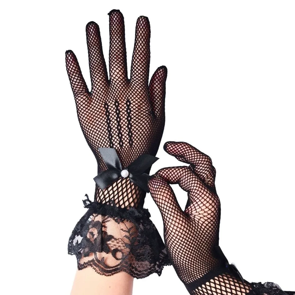 Stretchy Lace Women Driving Gloves Bow Tie Fishnet Mittens Hollowout Five-finger Wedding Gloves Summer