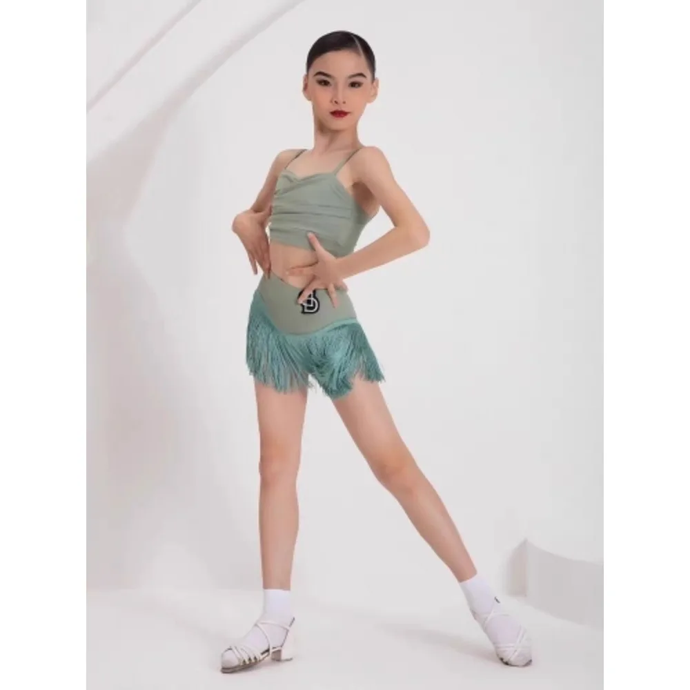 أزياء الرقص اللاتينية للأطفال الصيفية ممارسة الفتيات بلا أكمام الرسن القمم مهدب نصف التنانير أزياء الأداء