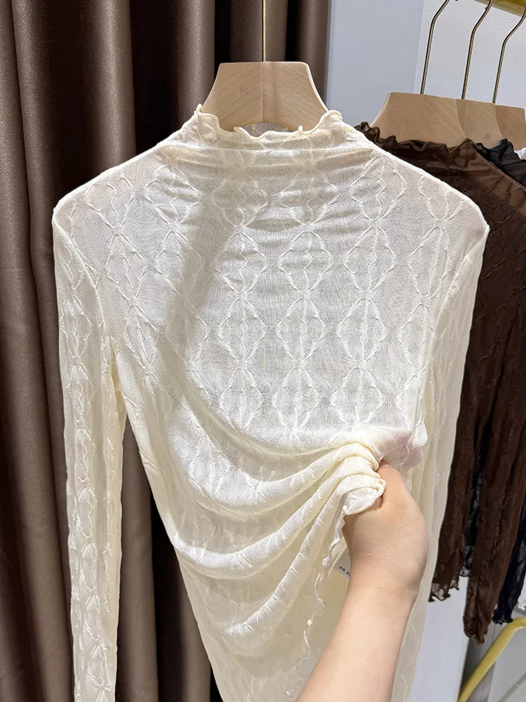 

Французская кружевная ажурная блузка с длинным рукавом для женщин, тонкая, весенняя, для ношения под одеждой, с высоким воротником, с узором «под дерево»