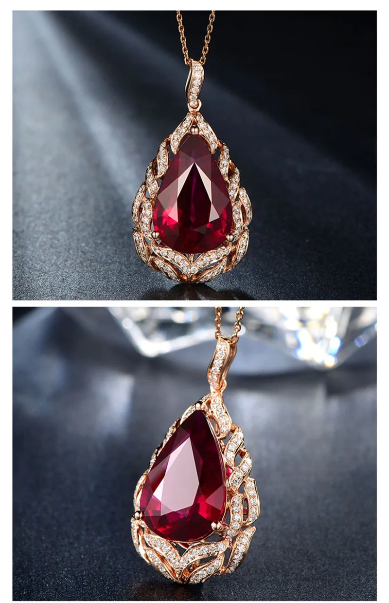 Big Red Gemstones Ruby Zircon Diamonds Water Drop Pendant Necklaces for Women 18k Rose Gold Filled Chain Fine Jewelry Gifts New