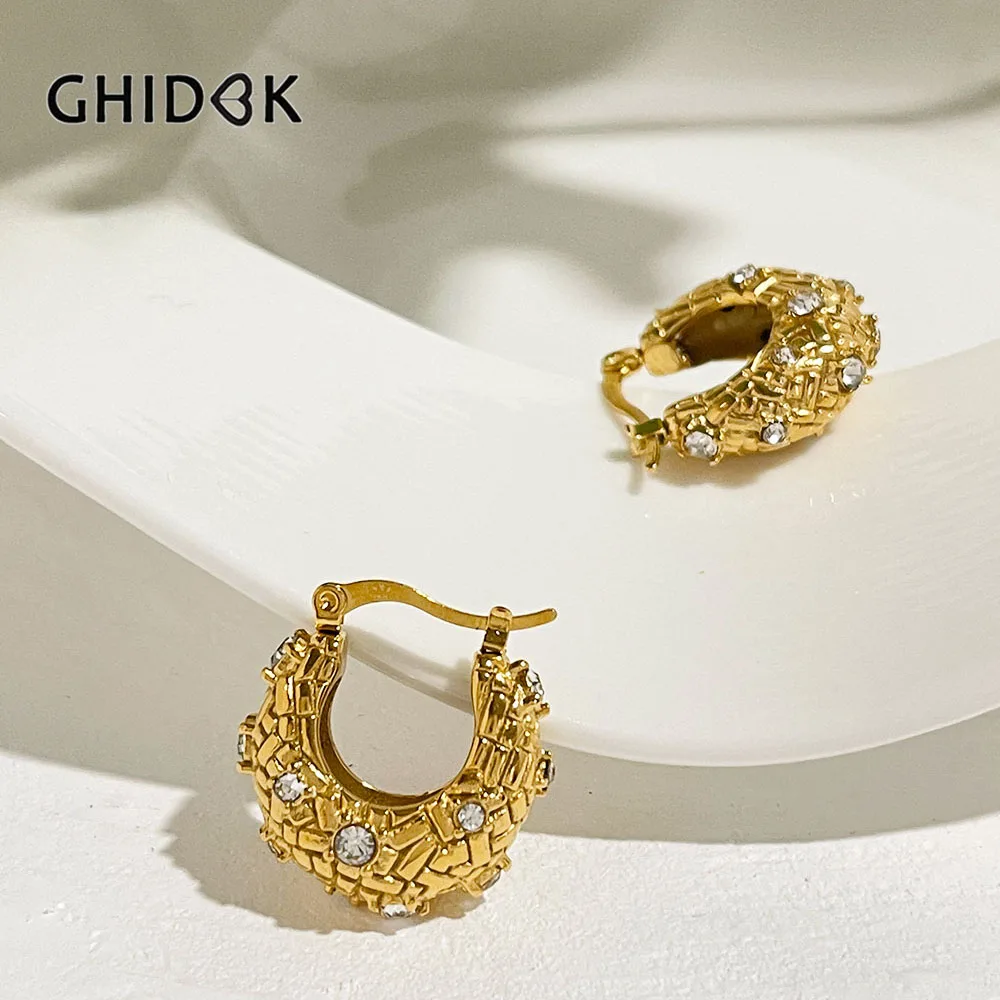 GHIDBK Modern Stainless Steel Chunky Gold Plated Hoop Earrings with Rhinestones Bold Thick Basket Huggie Jewelry Tarnish Free