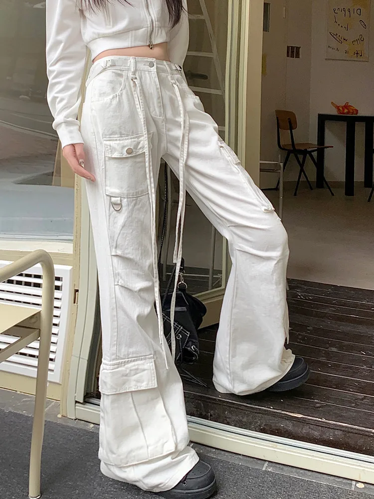 2023 Y2K Fashion Multi Pockets White Baggy Flare Cargo Jeans Pants For Women Korean Clothing Casual Lady Long Trousers Pantalons