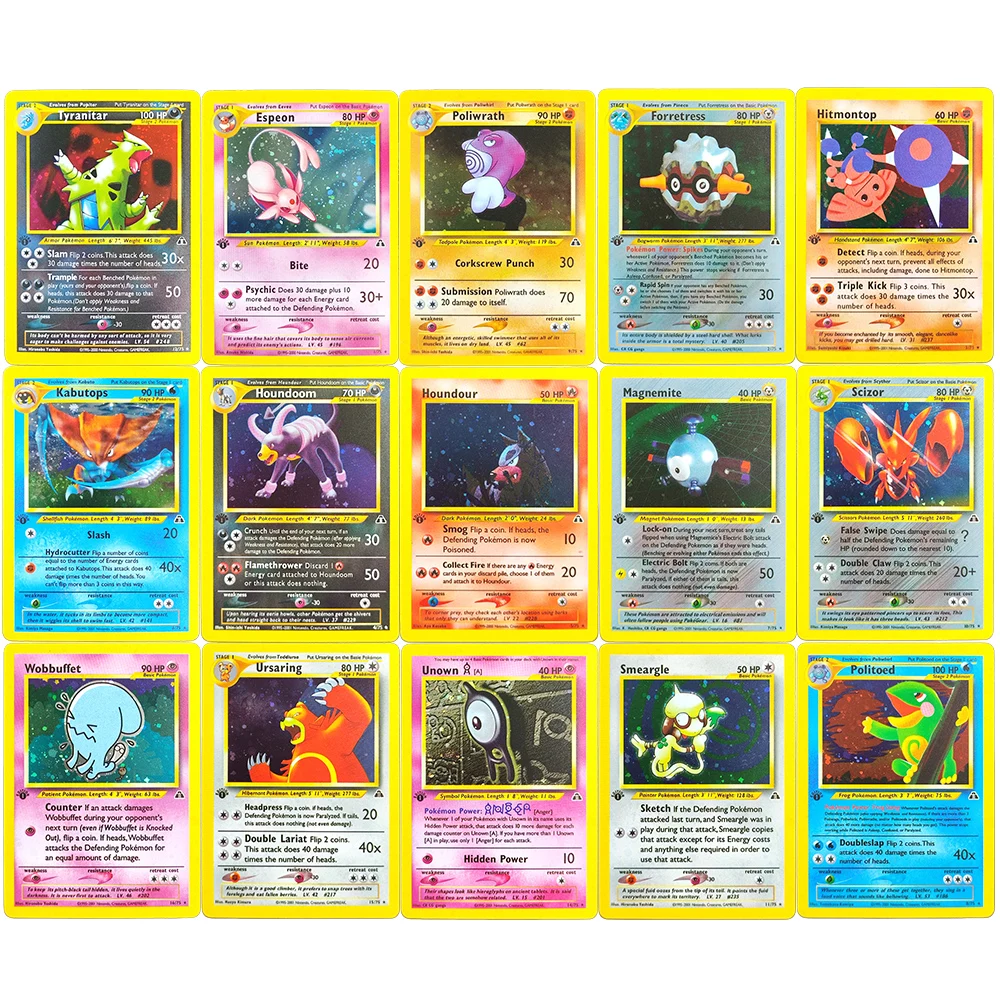 Tarjetas de Pokémon proxy Inglés Neo Discovery 1a edición Umbreon Tyranitar Espeon Houndour Kabutops Holo PTCG tarjeta de colección de juegos