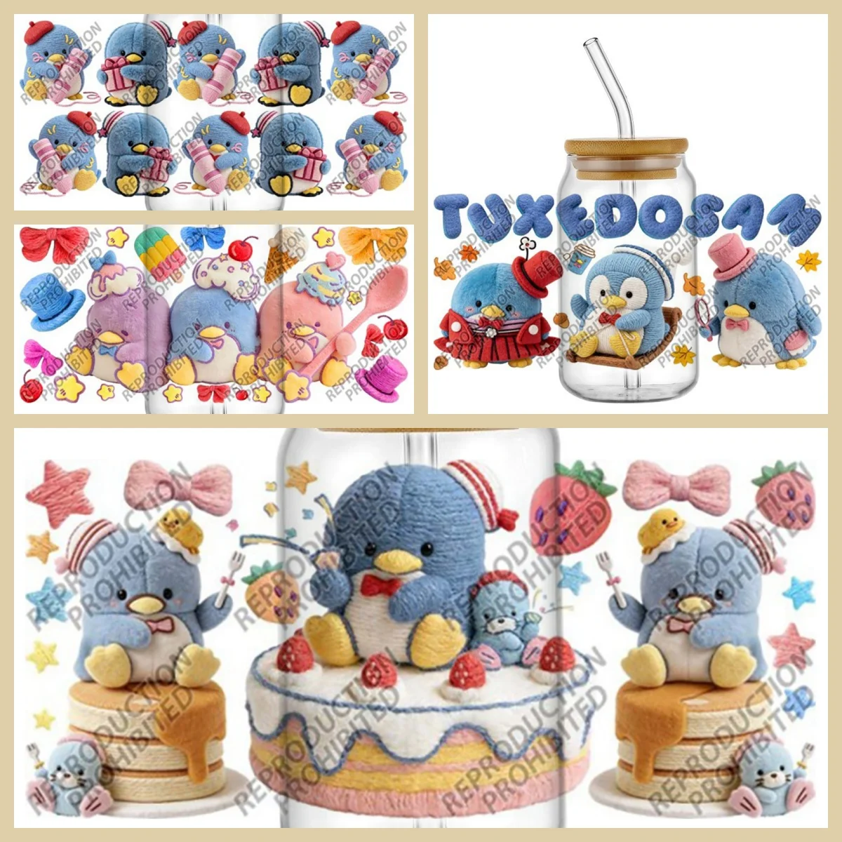 

New Design 3D Plush Kawaii Tuxedosam Decal UV DTF Cup Wrap for 16oz Libbey Glasses DIY Cartoon Penguins Mug Transfer Sticker