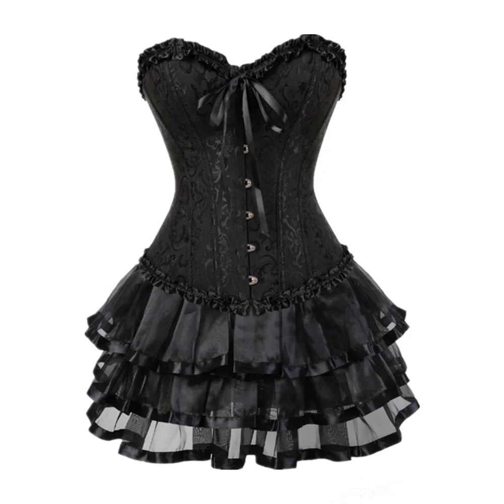 

Women Sexy Gothic Black Retro Jacquard Overbust Corset Top And Tutu Mini Skirt Suit Body Shaper Bustiers Dress