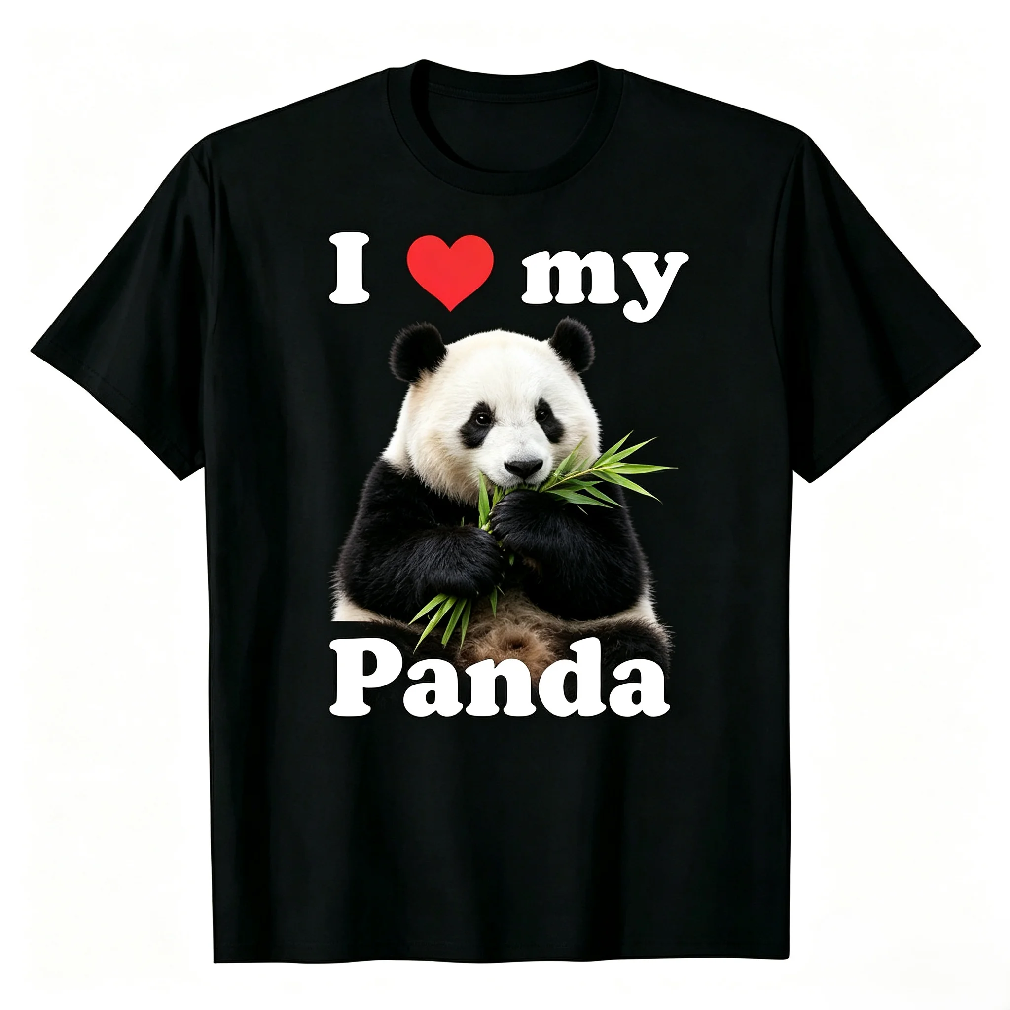 Camiseta gráfica unisex I Love My Panda para hombre y mujer, con estampado de panda gigante lindo comiendo bambú y corazón rojo, manga corta, cuello redondo, para amantes de la vida silvestre y los animales, estilo oversize, streetwear.