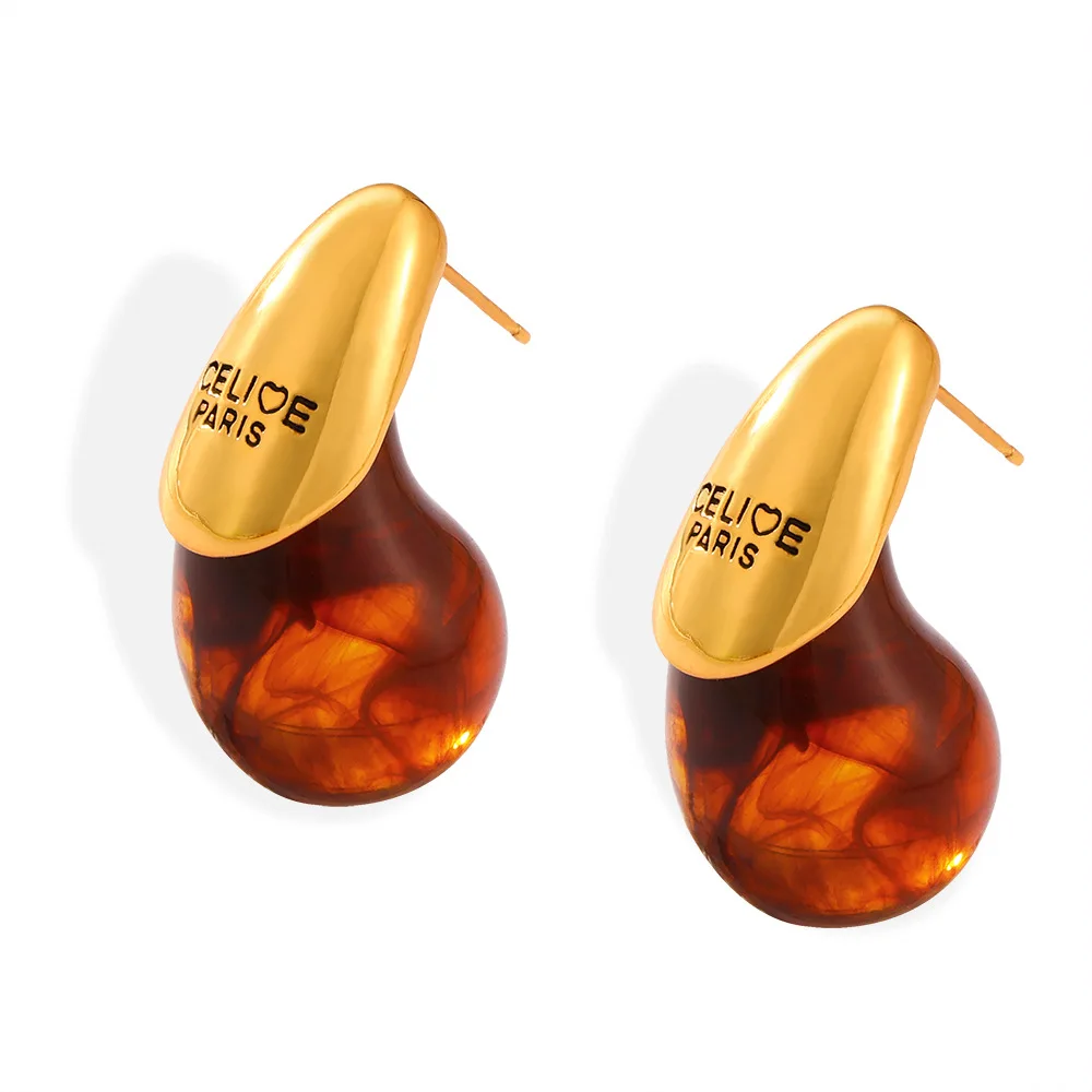 Stainless Steel Gold-Plated Drop-Shaped Earrings for Women Fashion Red Resin Small Ear Studs Girl\'s Trendy Jewelry Accessories