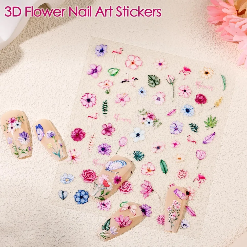 Summer Gel Nail Stickers for Nail Art Designs Adhesive 3D Floral Embossed Decals 4 Sheets Cute 5D Flower Polish Design Stickers Kit for Women Girls Kids DIY Manicure with Nail Art Tweezers Long Lasting Waterproof Nail view 5
