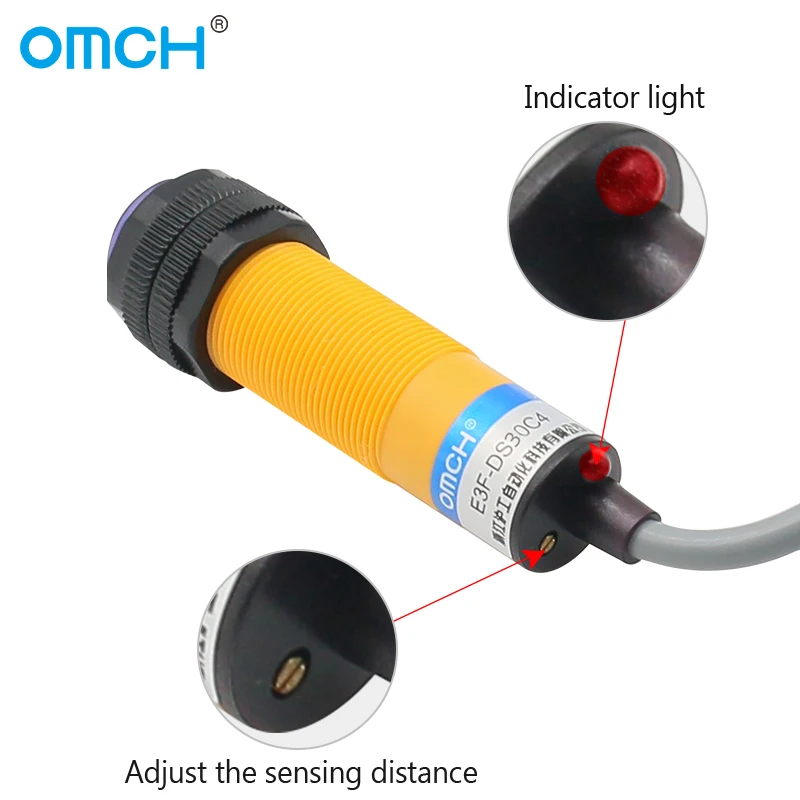 OMCH-interruptor fotoeléctrico difuso E3F-DS30 M18, sensor de CC, 4 cables, PNP, sin rango de detección NC, 10-30cm, ajustable