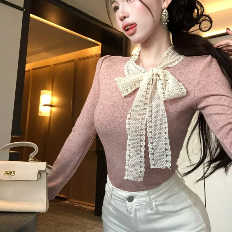 Women's 2026 Summer Tweed Bow Tie Long Sleeve Top Slim Fit Elegant Coquette Korean Chic Versatile Sweet Going Out Trendy view 3