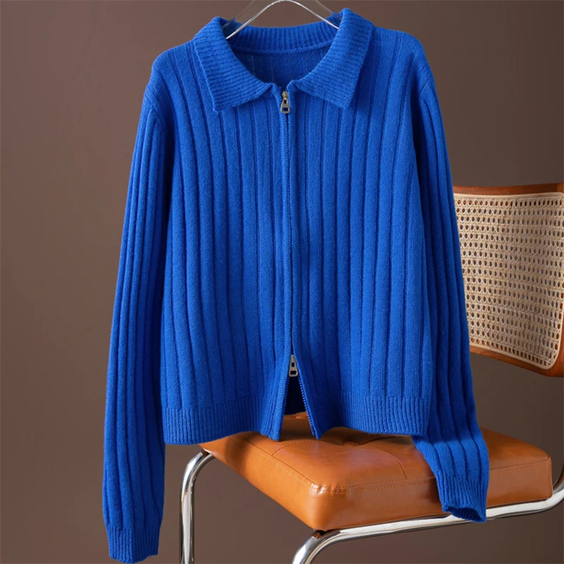 

Royal Blue 100% Merino Wool Long Sleeve Cardigan with Turn-down Neck And Zippers Soft Knit Top Coat for Warm Autumn Winter M1479