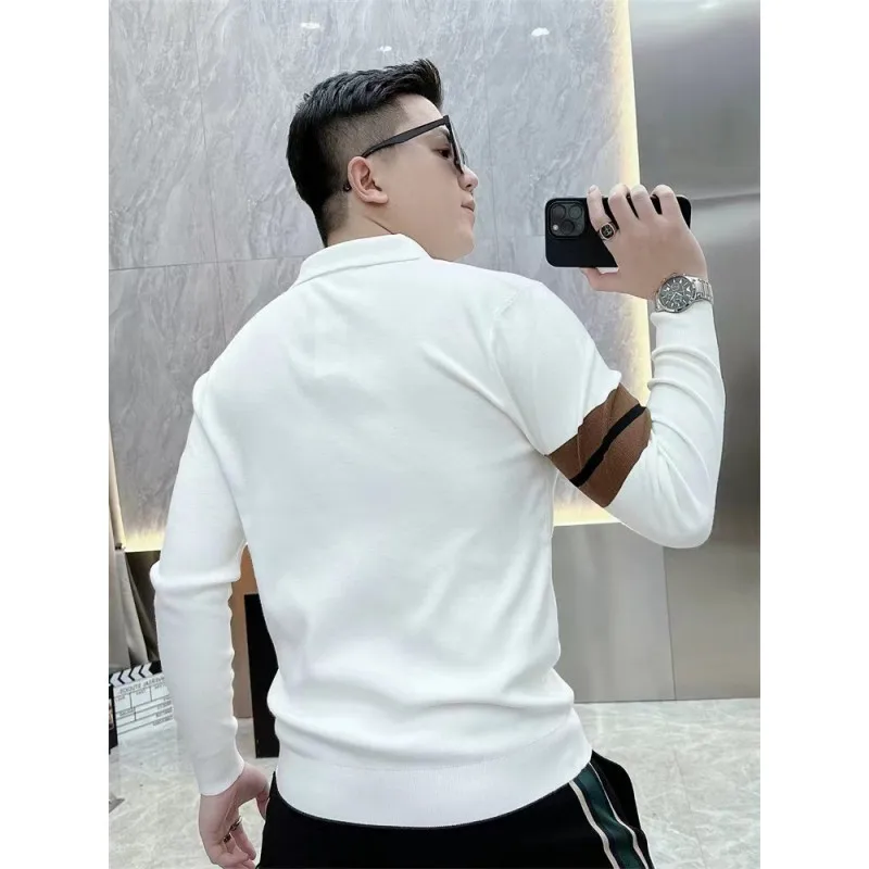 Men's Knitted T-shirt Long Sleeve Lapel Casual Business Tshirts Social Streetwear Bottoming Shirt Men Clothing Autumn Winter