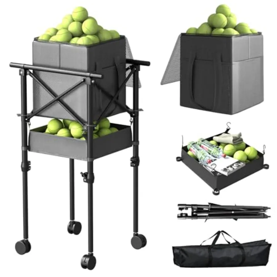 

Tennis Ball Hopper with Wheels - Height Adjustable Foldable Tennis Ball Basket with Storage Bag Ball Candy for 150 Pickleball a