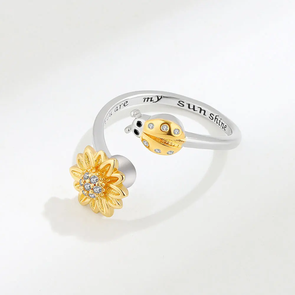 Pure 925 Sterling Silver Sunflower Ladybird Pattern Ring Rotatable Creative Open Finger Ring Valentine's Day Gift