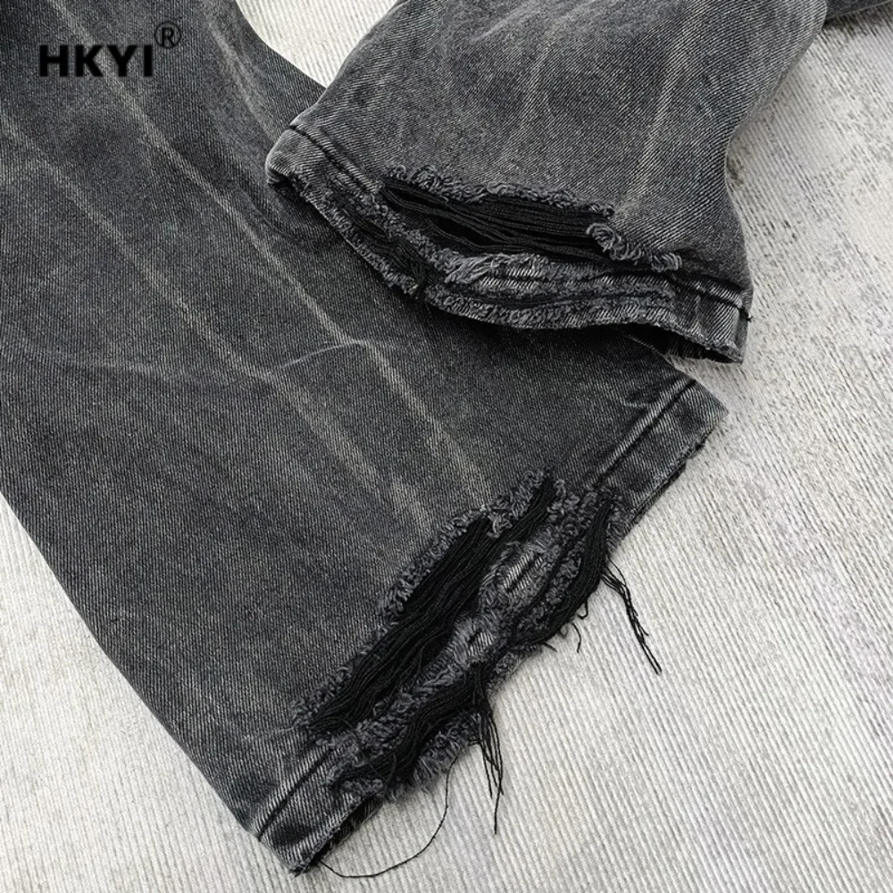 Celana Jeans Pria HKYI Hitam Abu-abu Efek Air, Bekas, Garis Goresan Air, Rusak, Model Horn