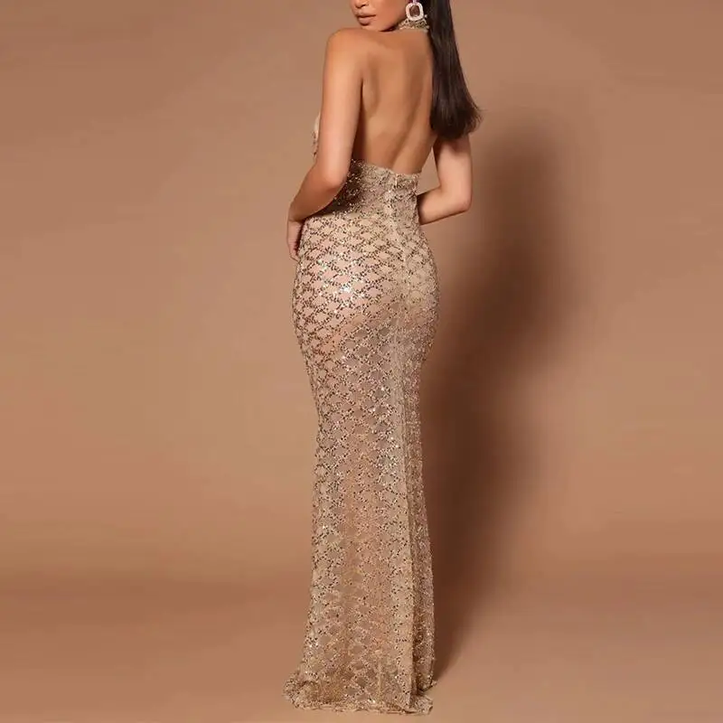فستان نسائي نحيف هالتر مسائي مثير أنيق شبكي ترتر كامل الطول للحفلات أنيق بدون ظهر لامع