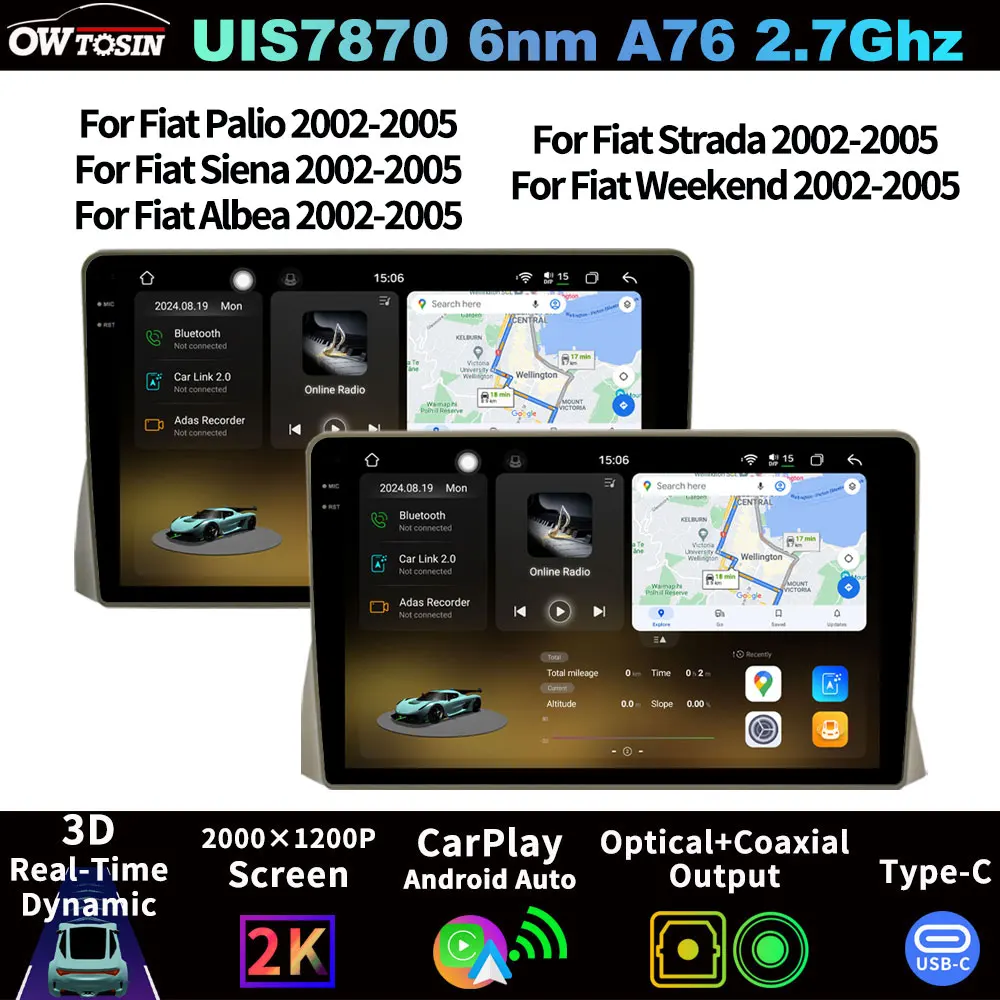 Central Multimídia Automotiva FYT7870 QLED 2K com Sistema Android, Rádio e CarPlay para Fiat Palio, Siena, Albea, Strada, Weekend 2002-2005 (LHD)