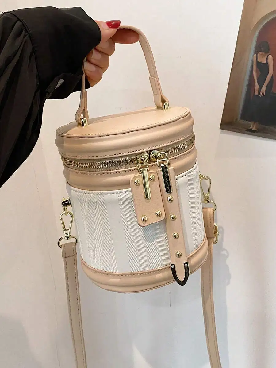 

Beige & White Cylinder Top-Handle Bag with Zip Closure and Stud Detail