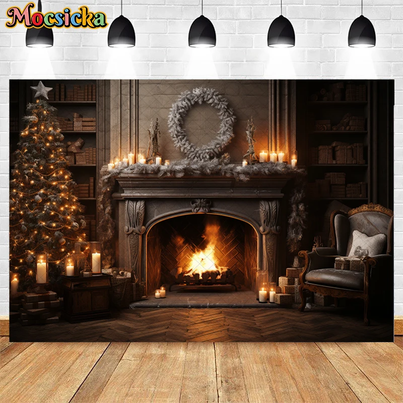 Mocsicka Indoor Christmas Mantel Photography Background Kids Art Portrait Photo Backdrop Xmas Tree Garland Decoration Props