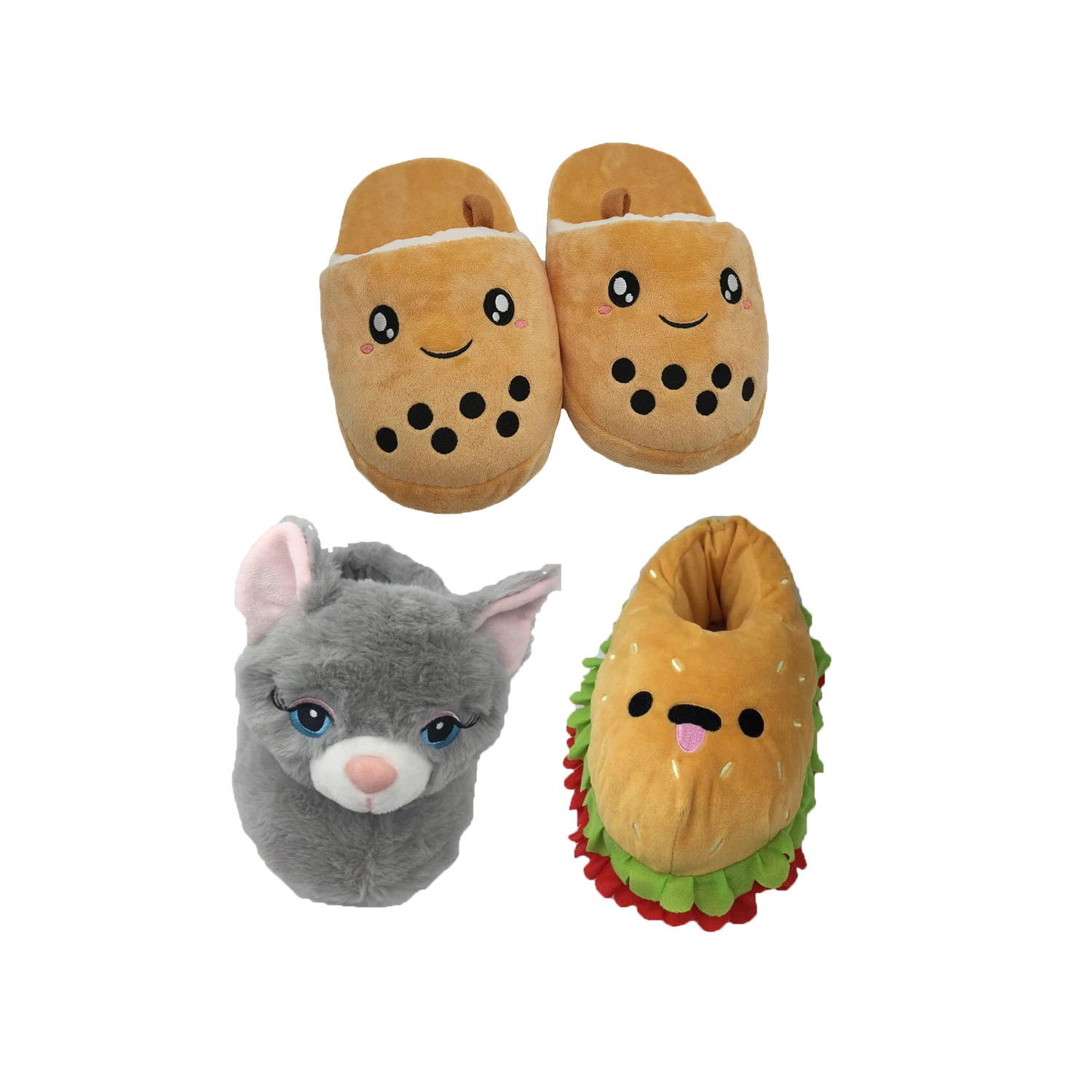 Cute Light Brown Milk Tea Plush Slippers Winter Home Supplies Warm Soft Sole Shoe  Cats Shaped Slippers Cute Hamburger Slippers