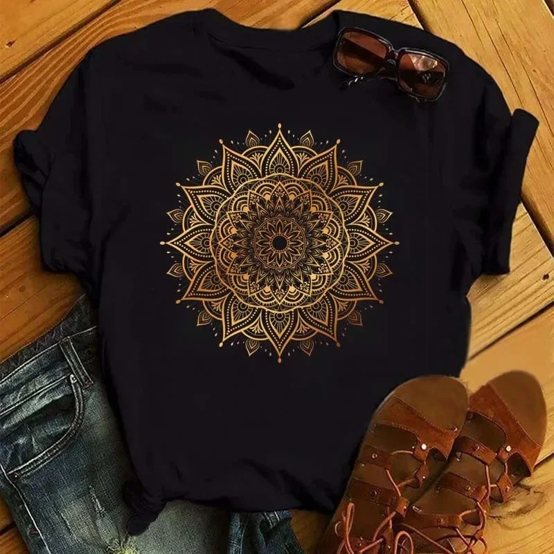 Plus Size Maycaur nowa Mandala koszulka z kwiatowym nadrukiem damska Casual moda T-Shirt z luźna krótka rękawem 90s dziewczyny estetyka Top