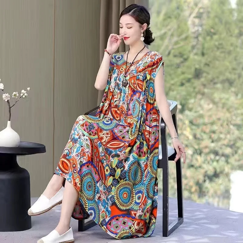 Plus Size Summer Dress Print Loose O-Neck Cotton Women Clothing Dresses