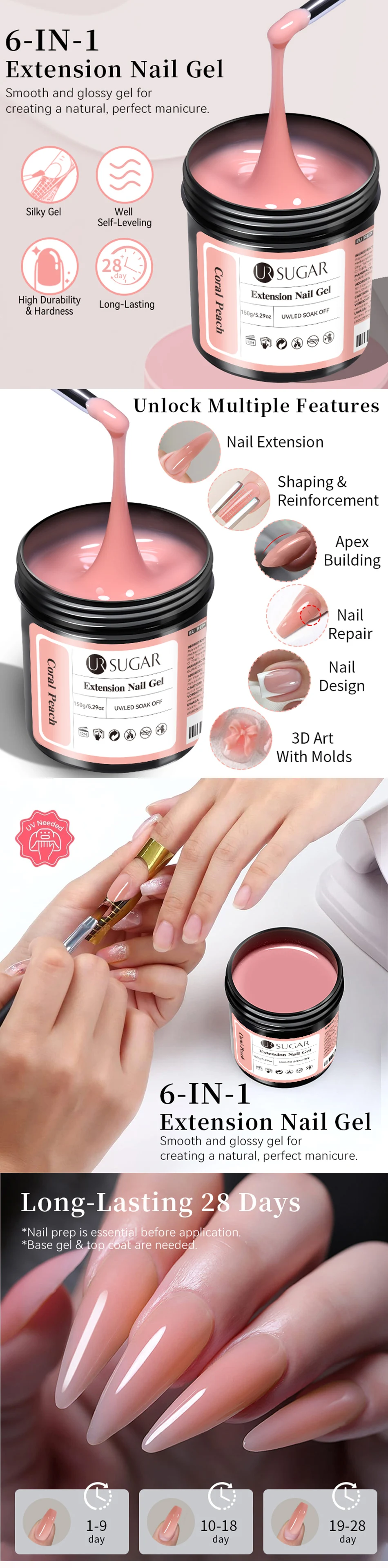 UR SUGAR 3-teiliges 150g Nagelverlängerungs-Gel-Set mit Pinsel und Formen, Klar, Rosa, Hart, Verstärkend, Schnellbauend, Abziehbares Nagelgel zur Formgebung – Detail 4
