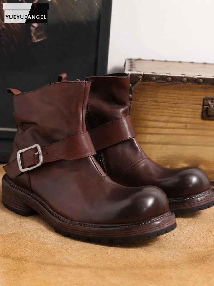 Botas de Tobillo de Cuero Genuino para Hombre, con Hebilla, Cómodas, para Negocios y Trabajo, Estilo Motero, de Piel de Caballo, Punta Redonda, Diseño de Alta Gama