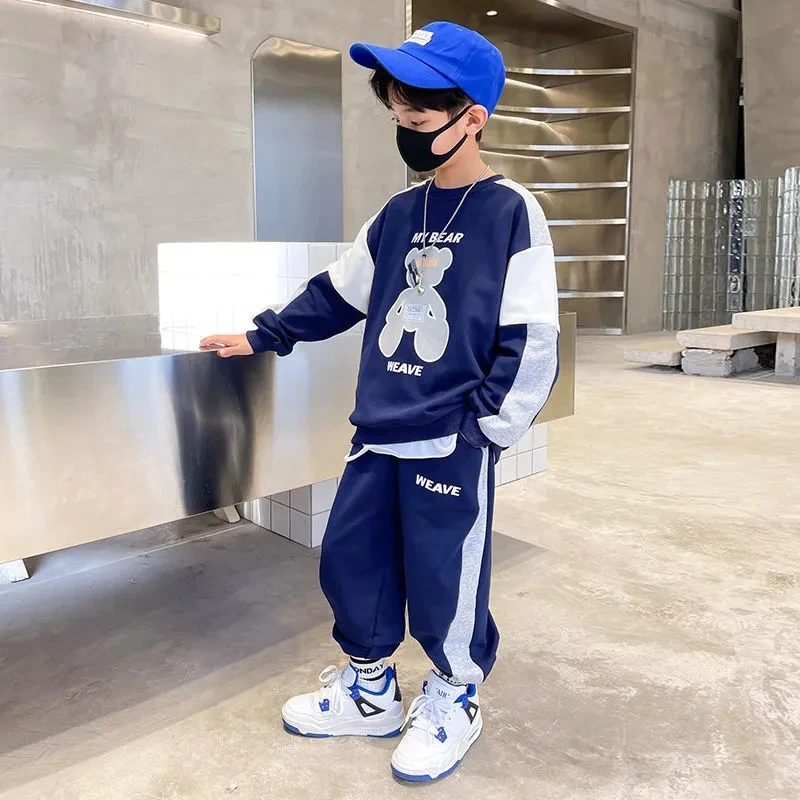 Children's Casual 2 Piece Sets Bear Print Sweatshirts Tops + Baggy Jogger Pants Ensembles Fashion Spliced Boys Tracksuit Outfit