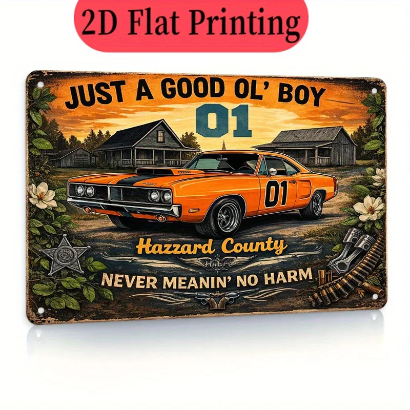 2D Flat 8x12 Inch (20x30 cm) Hazard County Retro Metal Sign, Vintage Rectangle Car Plaque for Garage Bar Living Room Bedroom Wal