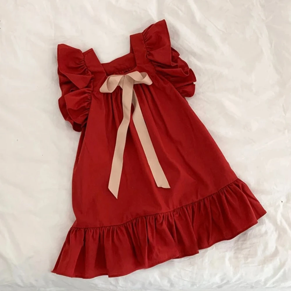 Red Elegant Girl Princess Dress Square Collar Lace Bow Children's Casual Clothes Birthday Party Stage Summer New Korean Version