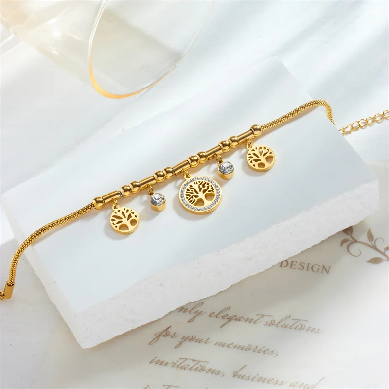 316L Stainless Steel Elegant Gold Color Tree - of - Life Charms Bracelet With Shiny Zircon Stone For Women's Daily Wear image 2