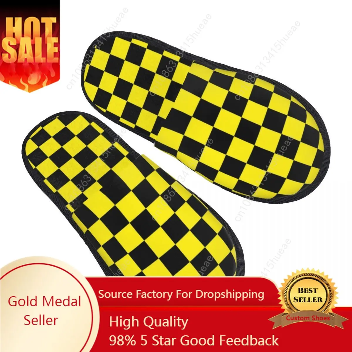 

Custom Black Yellow Checkerboard Memory Foam Slippers Women Comfy Warm Checkered House Slippers