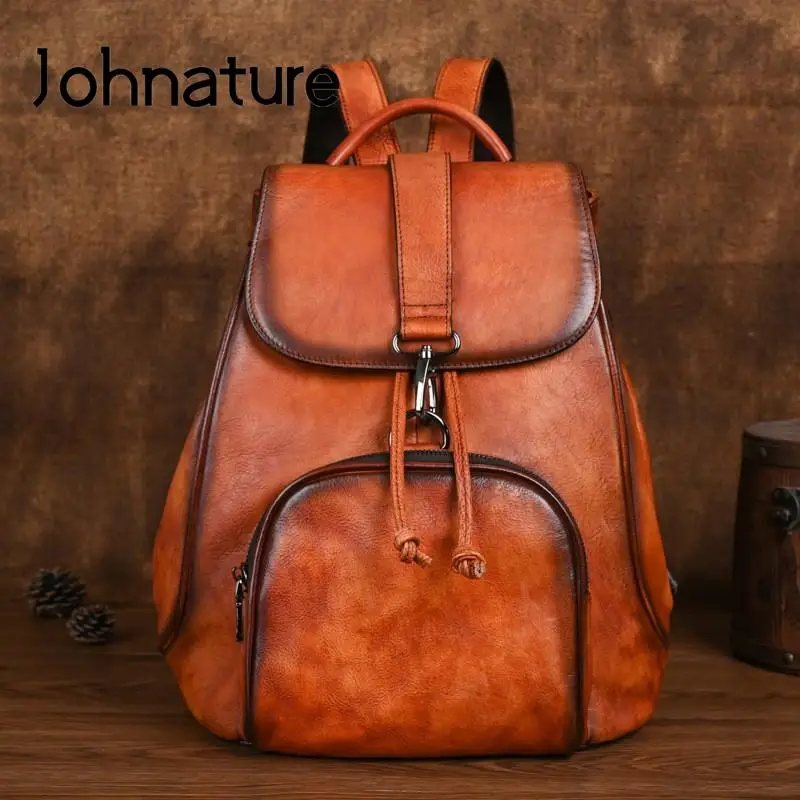 Johnature Retro Genuine Leather Women Backpack Travel Bag 2024 New Leisure Large Capacity Cowhide Solid Color Backbag