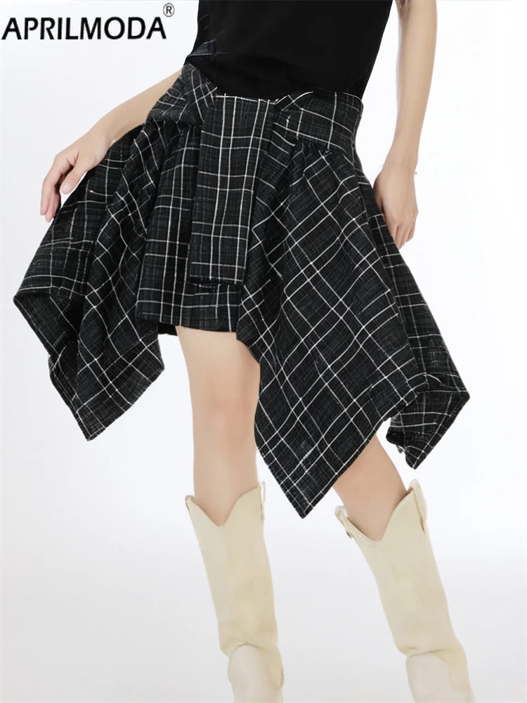

High Waist Irregular Vintage Plaid Print Mini Skirt with Fake Belt 2000s Y2k Hot Girl A Line Runway Cutecore Harajuku Skirts 90s