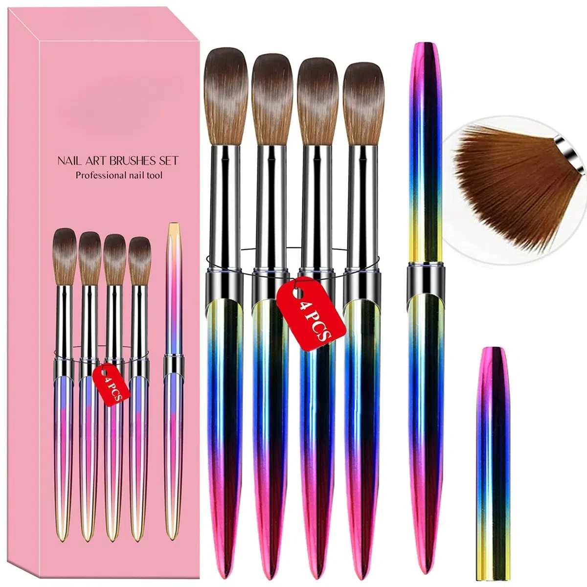 Conjunto de pincéis de cristal acrílico para unhas, 4 unidades, hastes metálicas glamorosas em caixa premium, aplicação em pó, kit profissional de pincéis para arte em unhas