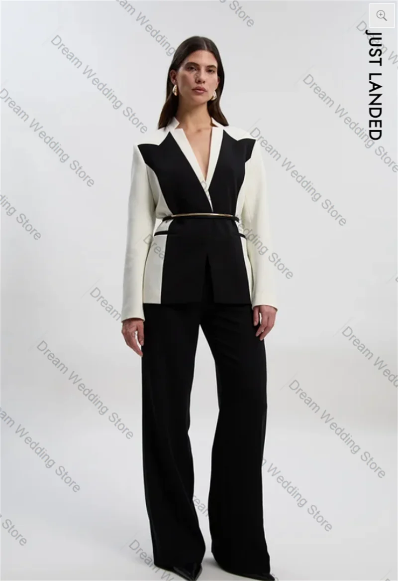 

Black White Women Suit Set 2 Pieces Blazer+Pants Formal Banquet Office Lady Jacket Customized Wedding Bridal Cotton Coat