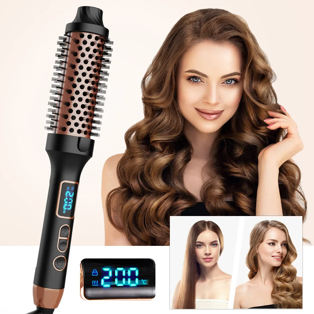 Cepillo térmico para rizar el cabello, cepillo redondo calentado, peinado para rizar el cabello, 5 temperaturas de calor con función iónica