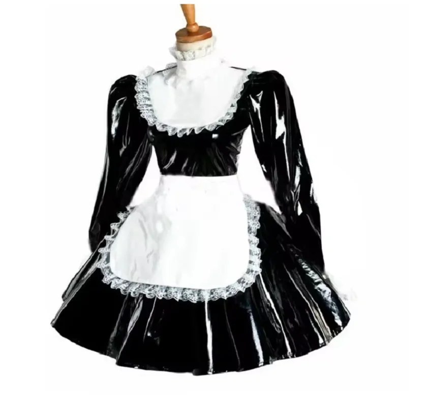 

Puff Long Sleeve Gothic Mini Dress Women Lolita Bowknot Lace Apron Dress PVC Wetlook Maid Cosplay Halloween Costume