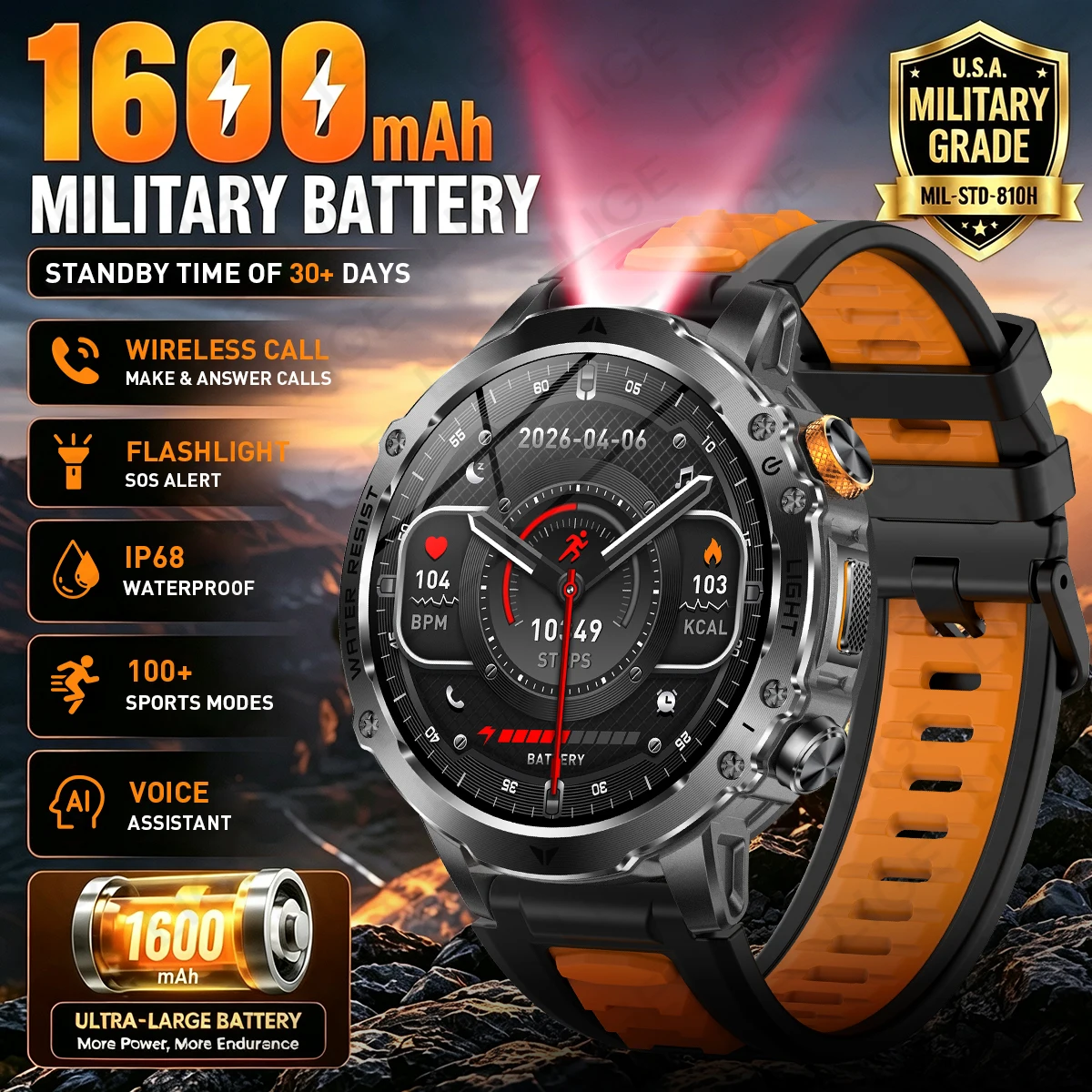 LIGE New 1600mAh Large Battery Smart Watch 1.7" HD Screen IP68 Waterproof Outdoor SOS & LED Flashlight Sports Fitness Smartwatch